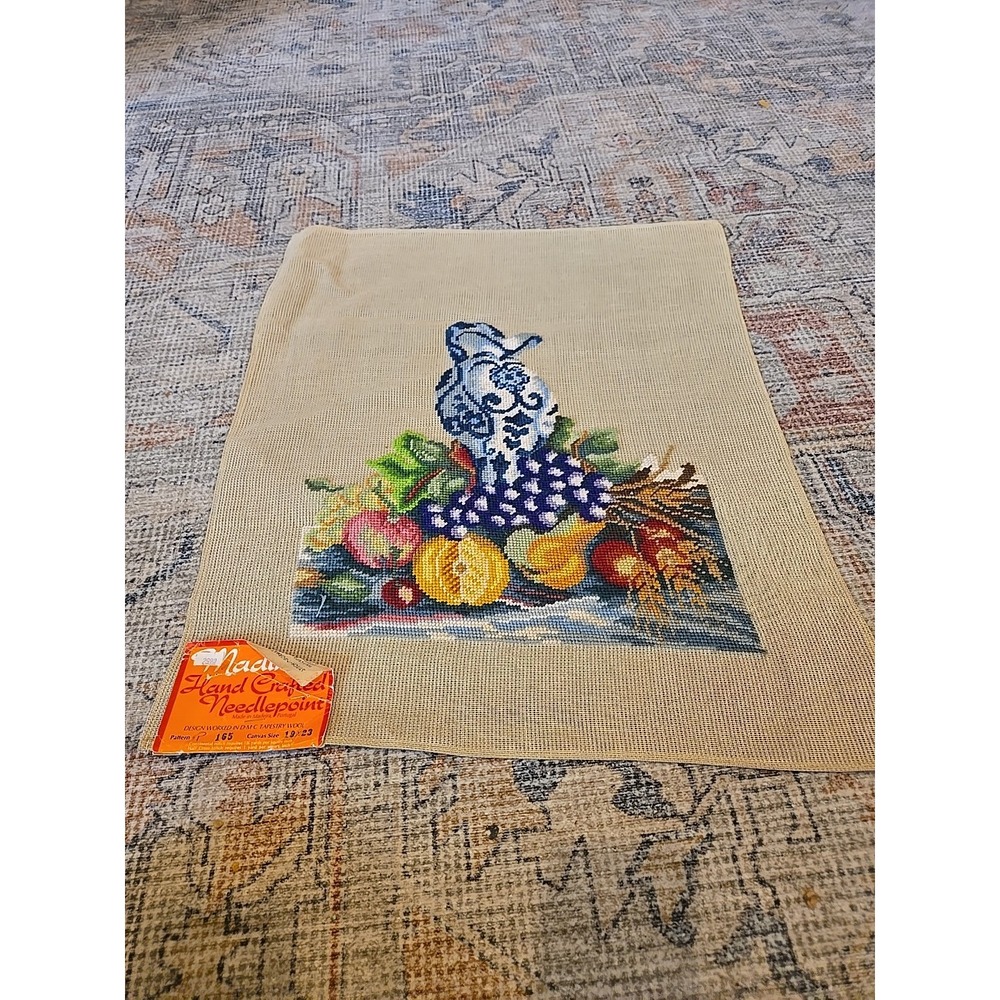 Vintage Madincor Preworked Needlepoint Canvas Delft Blue Pitcher Still Life 165